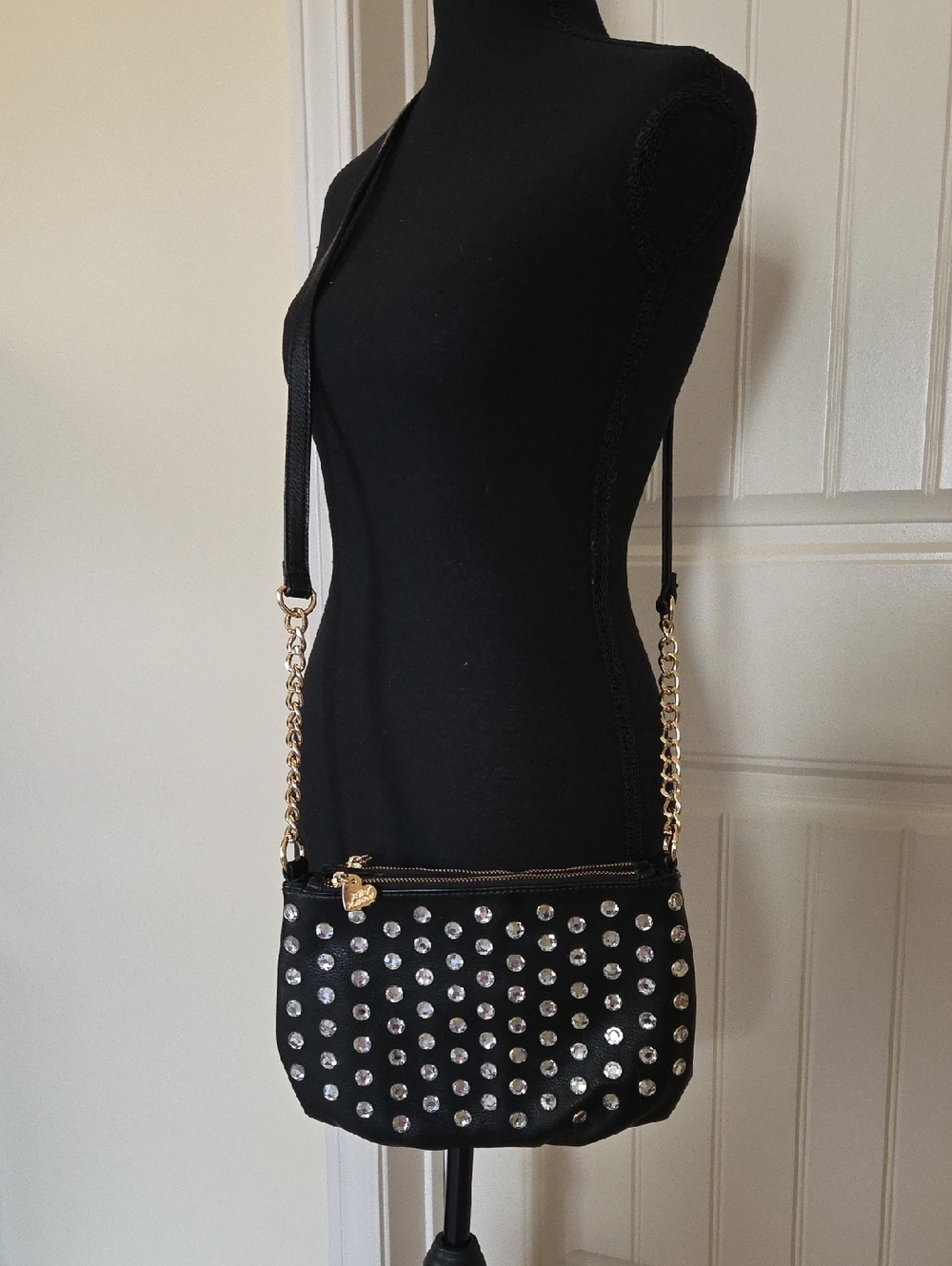 Betsey Johnson Black Vegan Leather Rhinestone Bling Crossbody Shoulder Bag, NWOT